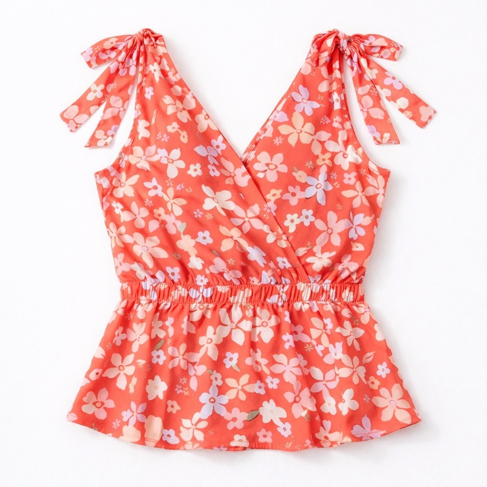 GILLI Floral Shoulder Ribbon Ties Smocked Waist Ruffle Top S - Picture 2 of 6